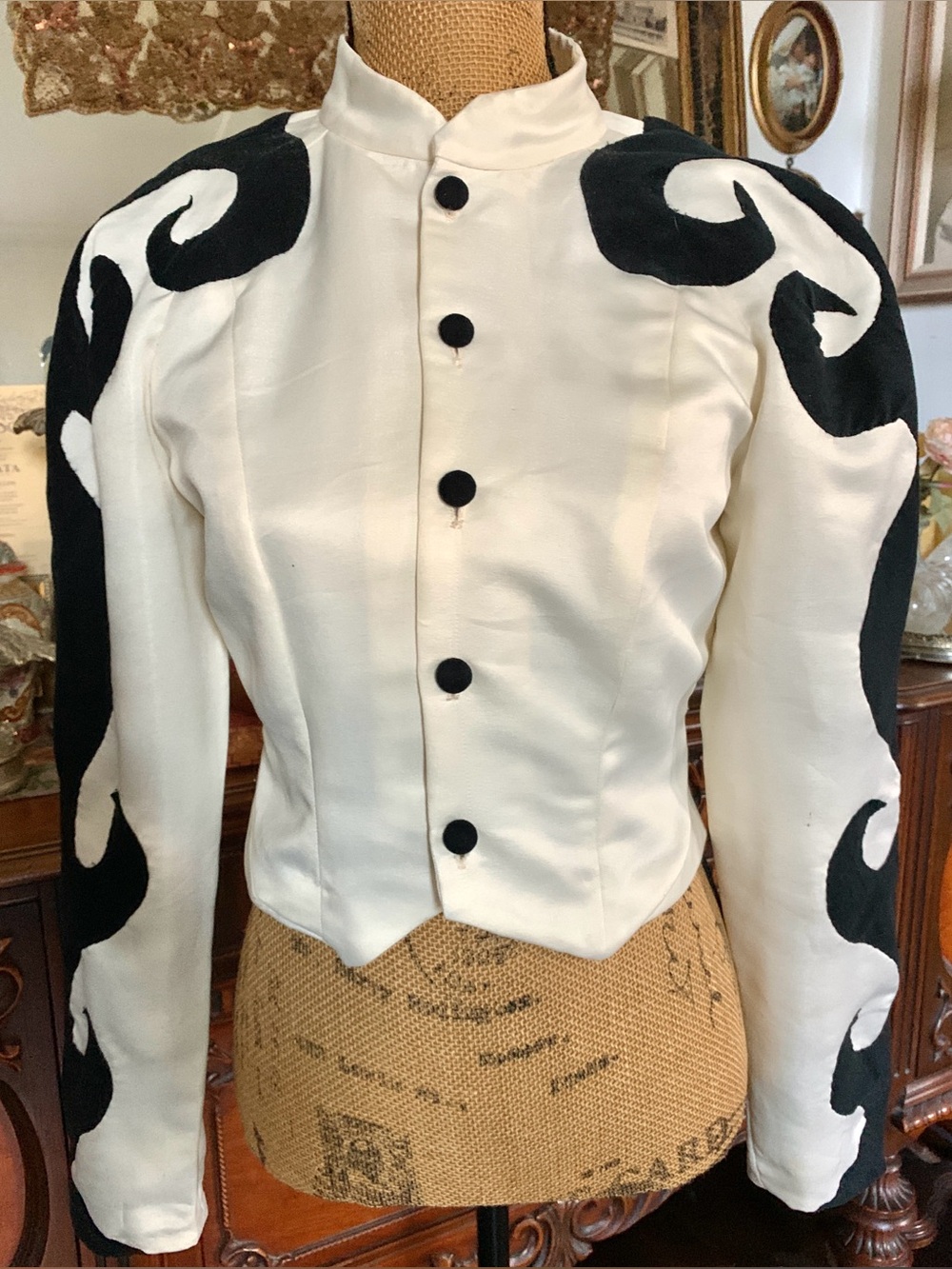 Vintage 90’s Custom-made Gothic Victorian-inspo Ivory/Black Satin Riding Blazer